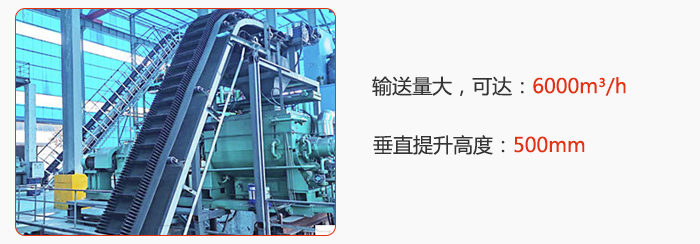 大傾角帶式輸送機輸送量大,可達(dá):6000m3/h,垂直提升高度:500mm